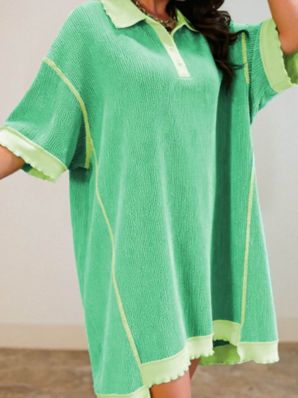 Mint Green Oversize Twist Ribbed Polo T Shirt Dress